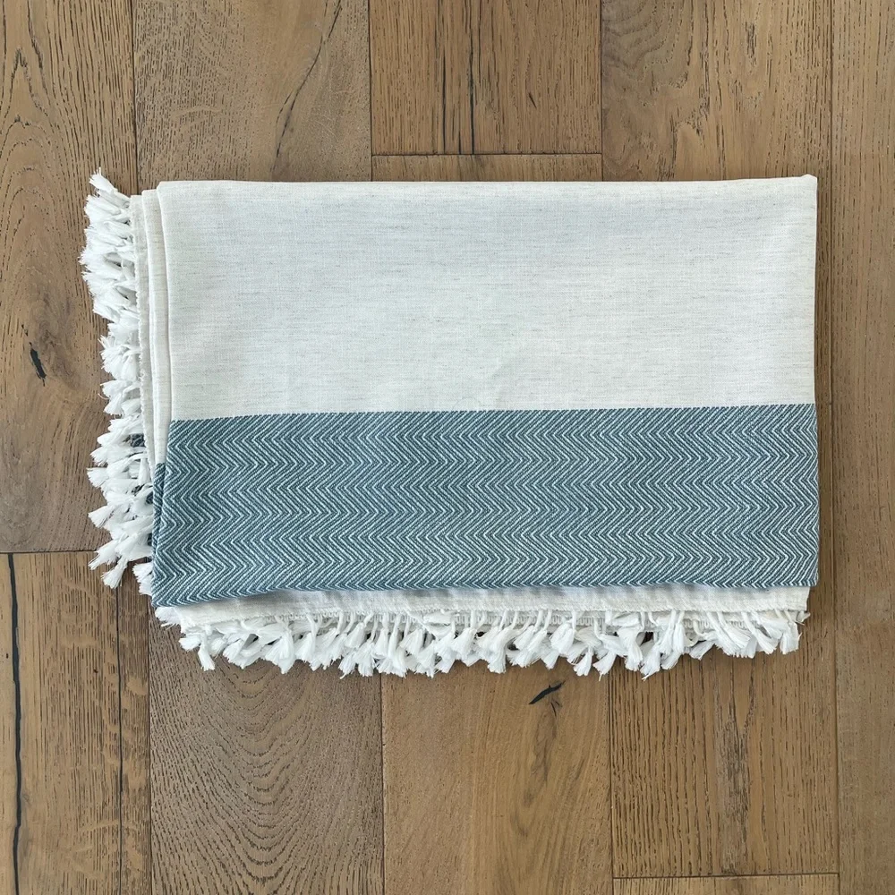 Cotton Linen Tablecloth Rectangle Tassle Kitchen Dining Outdoor 55''x86'' Blue - Picture 3 of 3